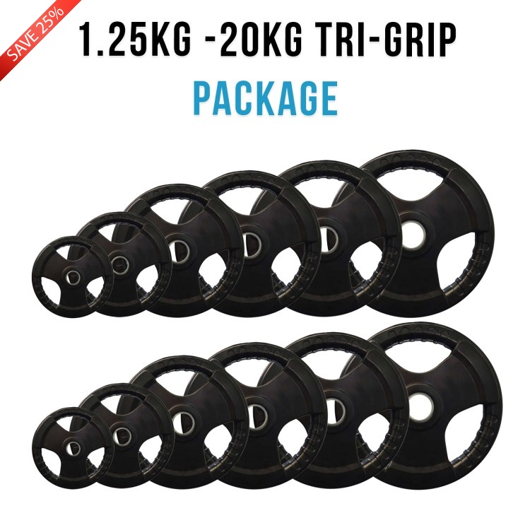 Southern Olympic Tri-grip Rubber Weight Plate Pair Package 107.5kg ( 1.25kg - 20 kg Pair ) Southern Olympic Tri-grip Rubber Weight Plate Pair Package 107.5kg ( 1.25kg - 20 kg Pair )