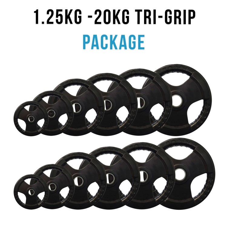 Southern Olympic Tri-grip Rubber Weight Plate Pair Package 107.5kg ( 1.25kg - 20 kg Pair ) Southern Olympic Tri-grip Rubber Weight Plate Pair Package 107.5kg ( 1.25kg - 20 kg Pair )