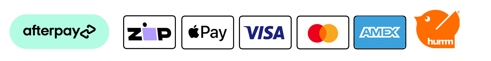 we accept visa master card, zip pay, amex and Latitude Pay